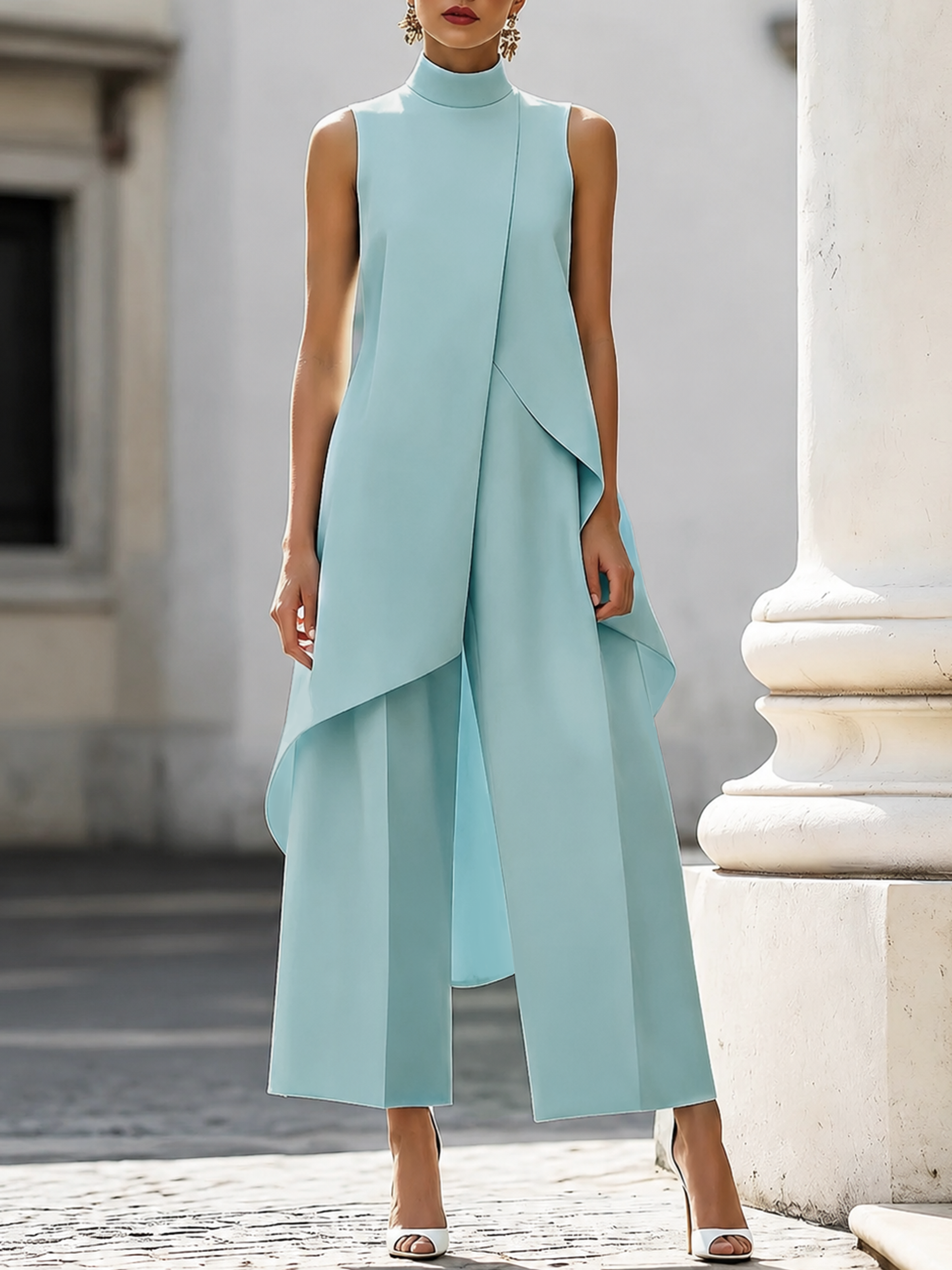 Mono de mujer con cuello alto, panel asimétrico y pantalón ancho