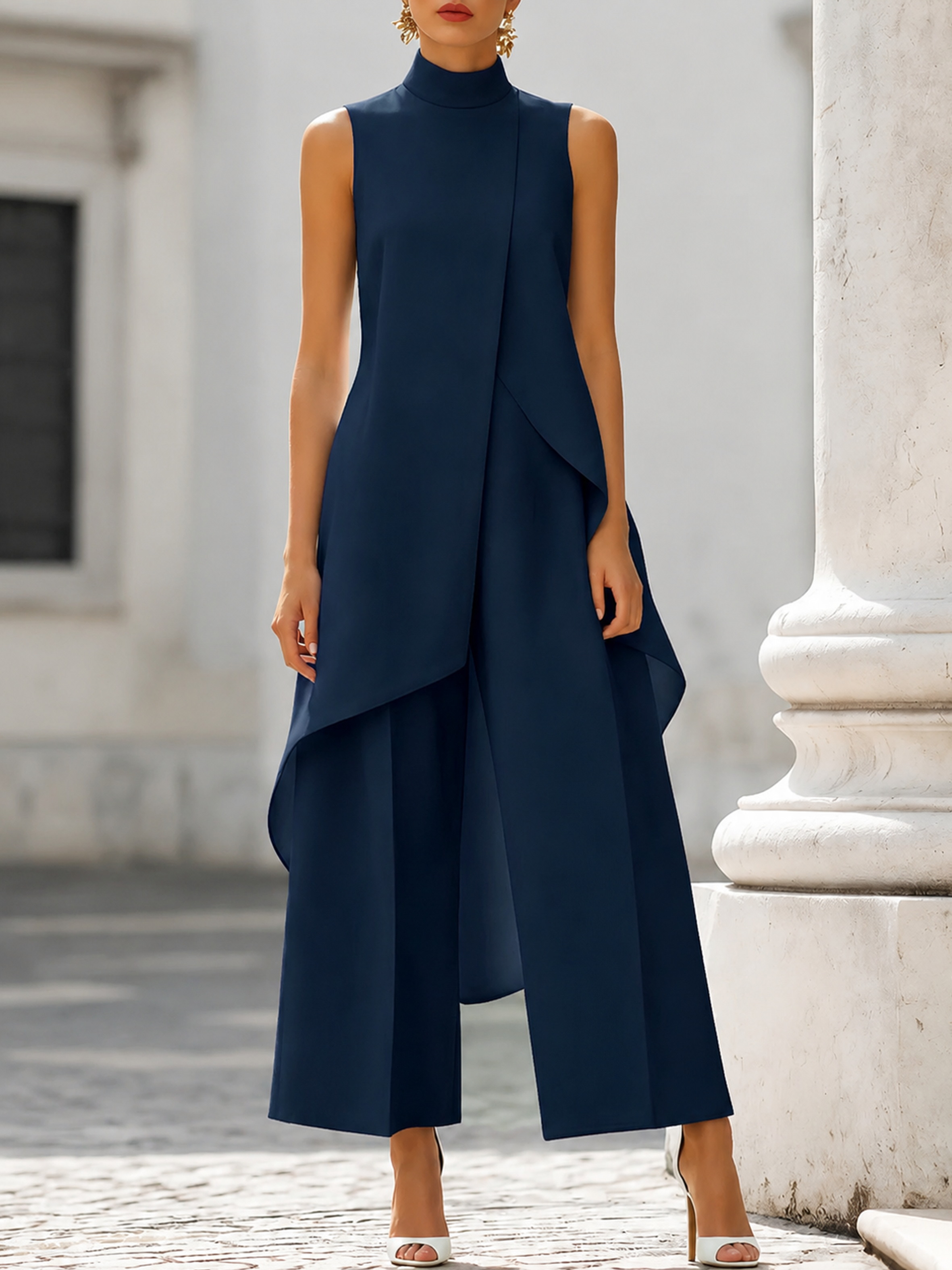 Mono de mujer con cuello alto, panel asimétrico y pantalón ancho
