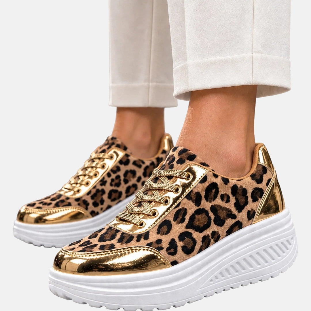 Zapatillas de cuña para mujer con estampado de leopardo y cordones