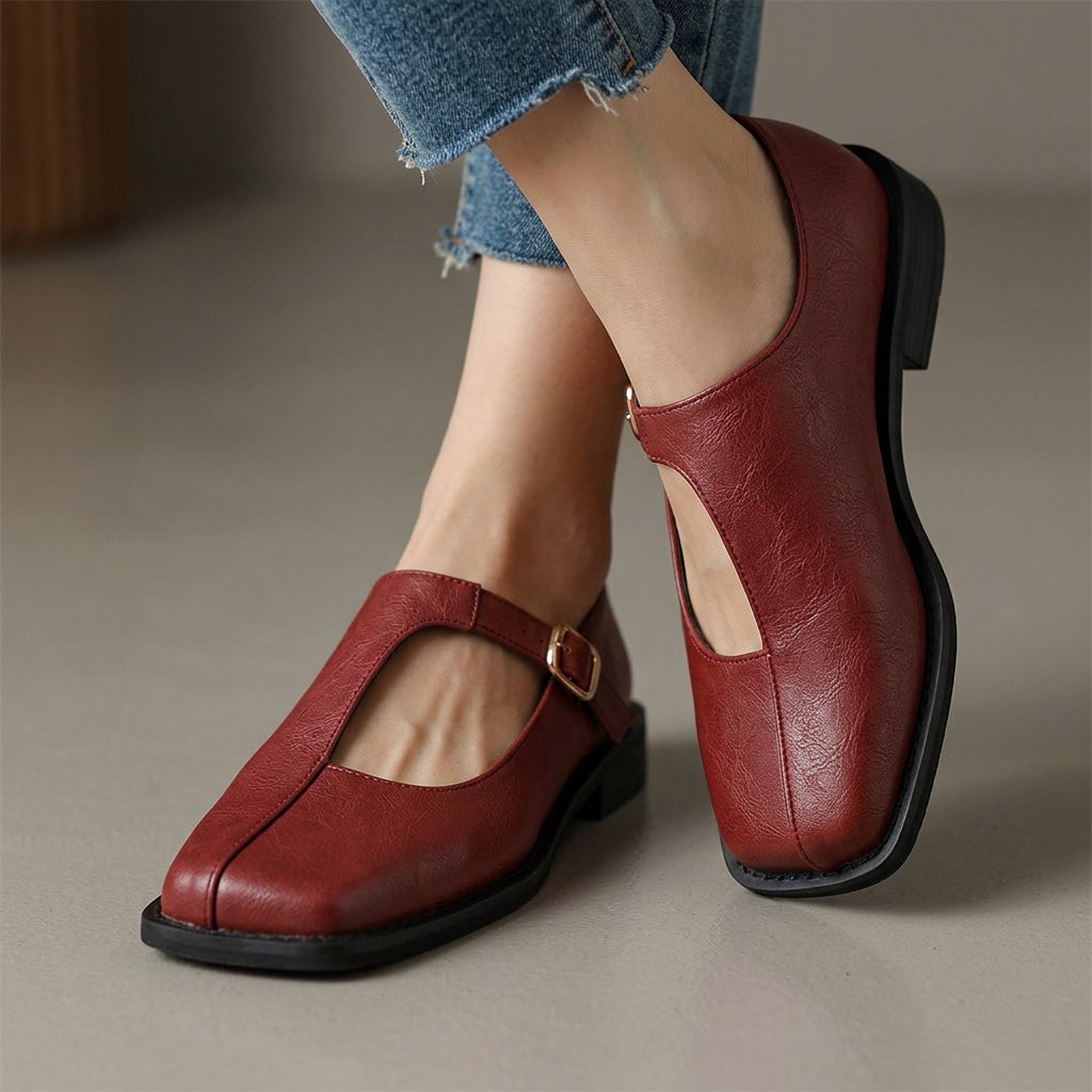 Zapatos de mujer con punta cuadrada y correa ajustable con hebilla