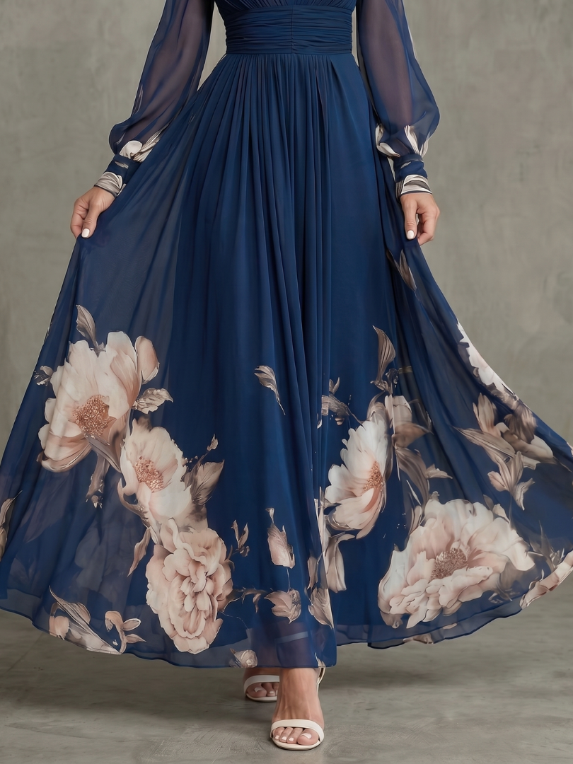 Vestido maxi de mujer con mangas transparentes y estampado floral