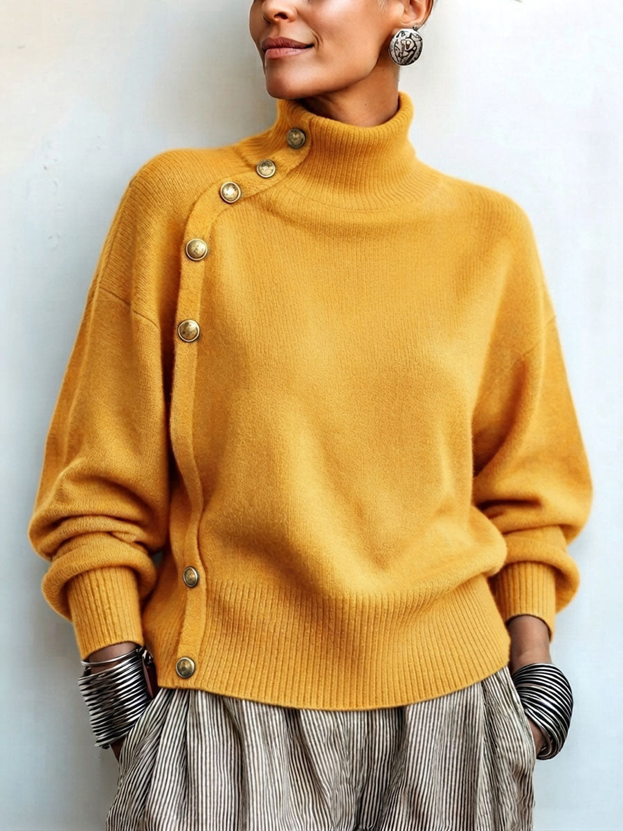 Suéter de mujer con cuello alto asimétrico y botones elegantes
