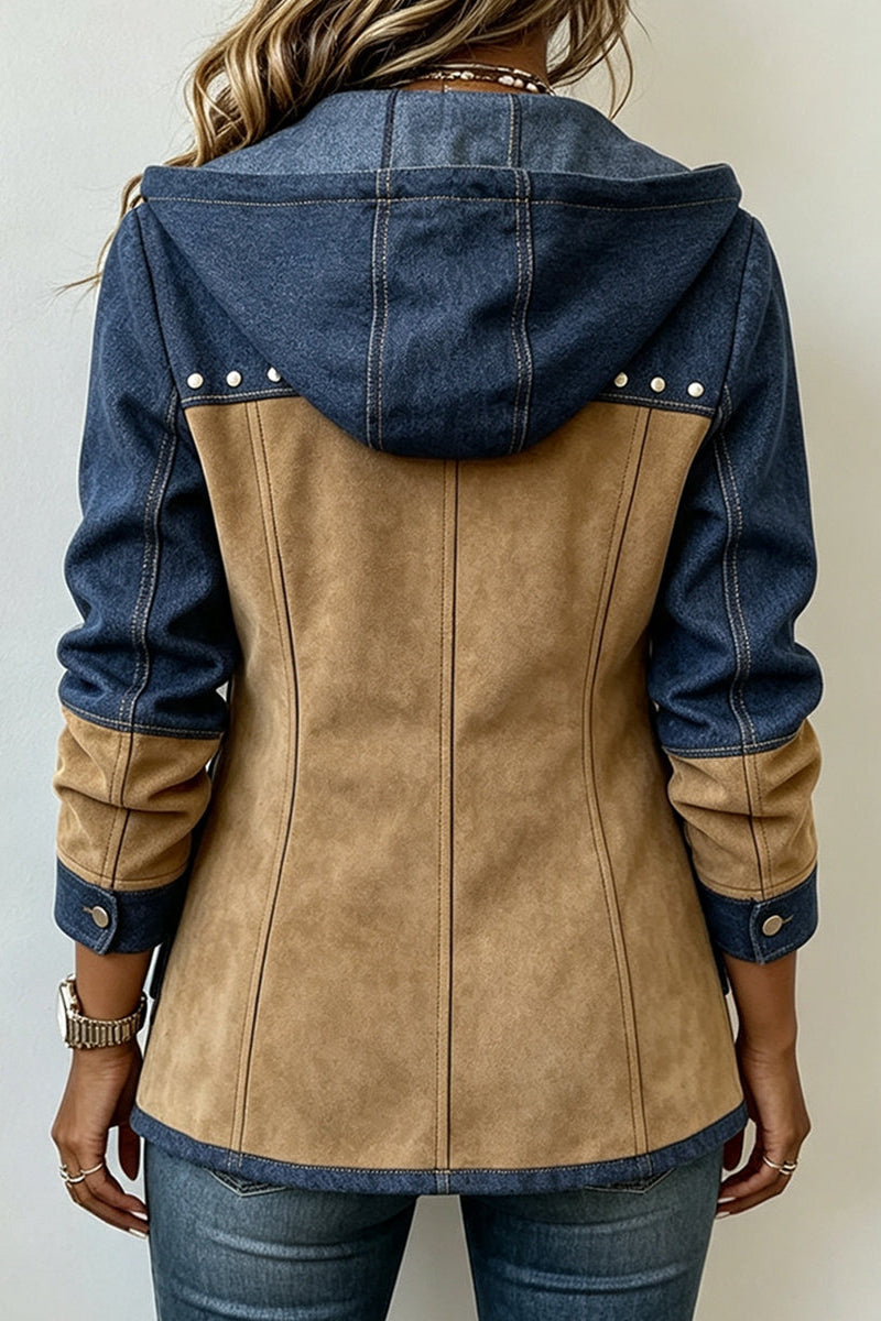 Chaqueta bicolor para mujer con capucha, cremallera y bolsillos