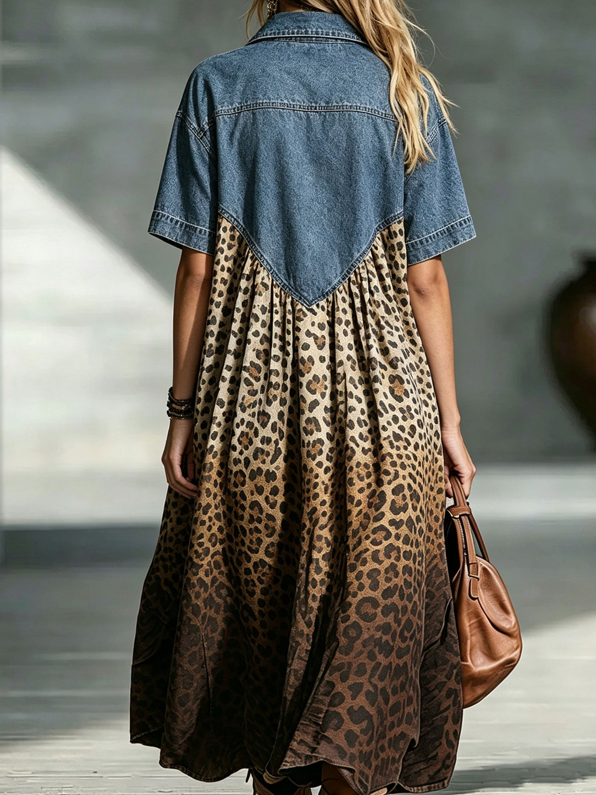 Vestido mujer patchwork con mezclilla y estampado leopardo