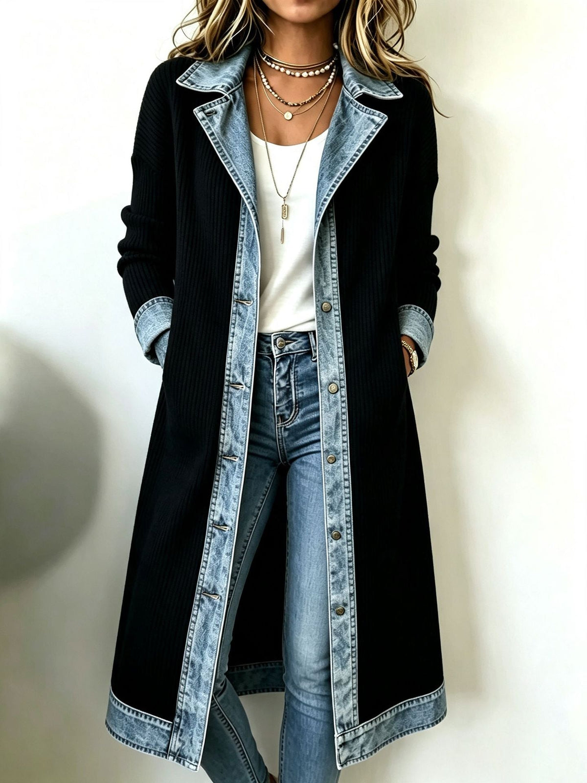 Cárdigan largo de punto acanalado para mujer con acabados denim