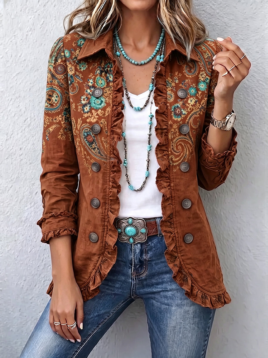 Chaqueta bohemia mujer con estampado paisley y volantes