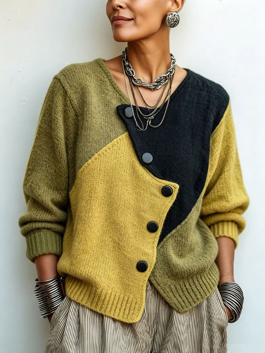 Suéter color block de mujer con botones asimétricos elegantes