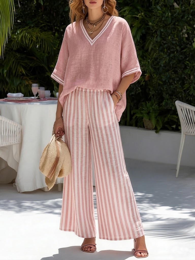 Conjunto Mujer Lino Algodón Rayado – Estilo Elegante y Veraniego