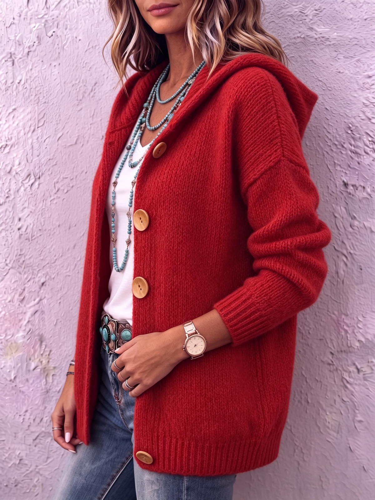 Cárdigan mujer de punto con capucha y botones
