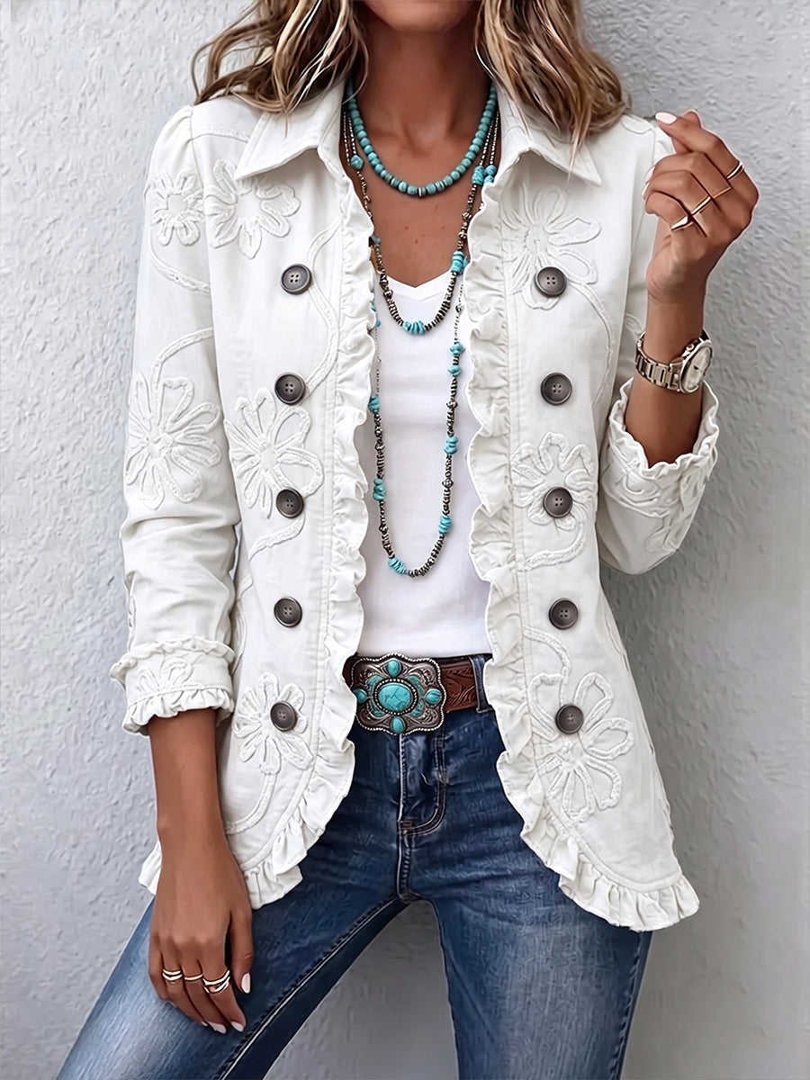 Chaqueta bordada mujer con volantes y botones decorativos