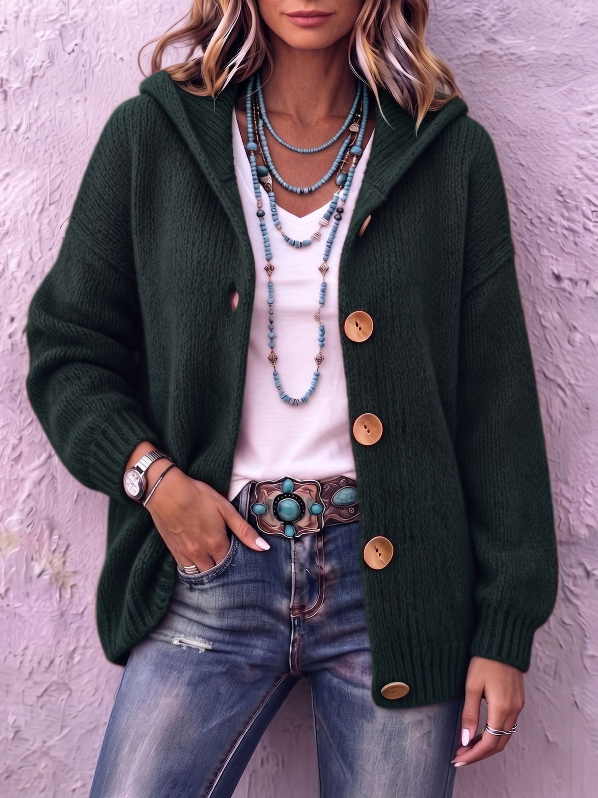 Cárdigan mujer de punto con capucha y botones