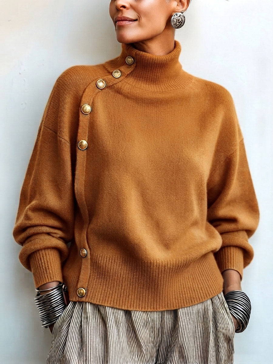 Suéter de mujer con cuello alto asimétrico y botones elegantes