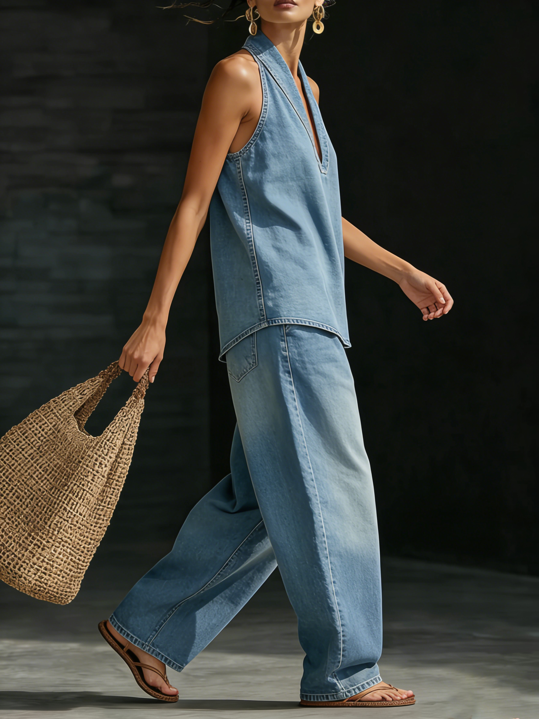 Conjunto mujer denim dos piezas top halter escote V jeans anchos casual moderno