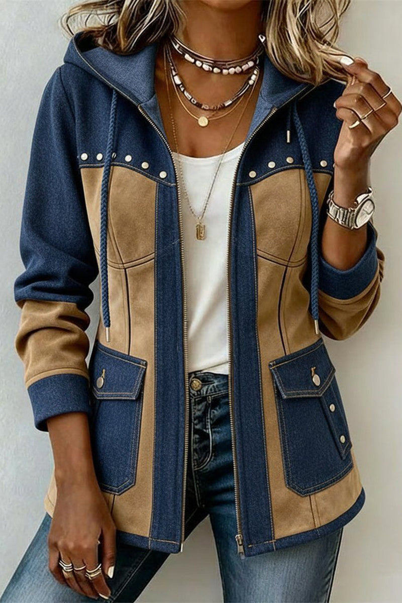 Chaqueta bicolor para mujer con capucha, cremallera y bolsillos