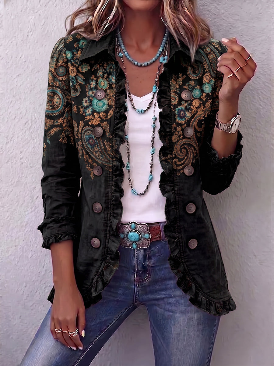 Chaqueta bohemia mujer con estampado paisley y volantes