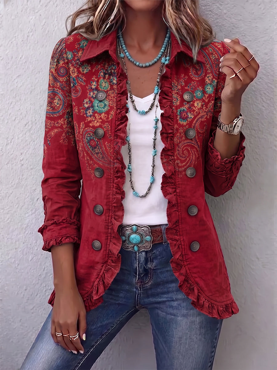 Chaqueta bohemia mujer con estampado paisley y volantes