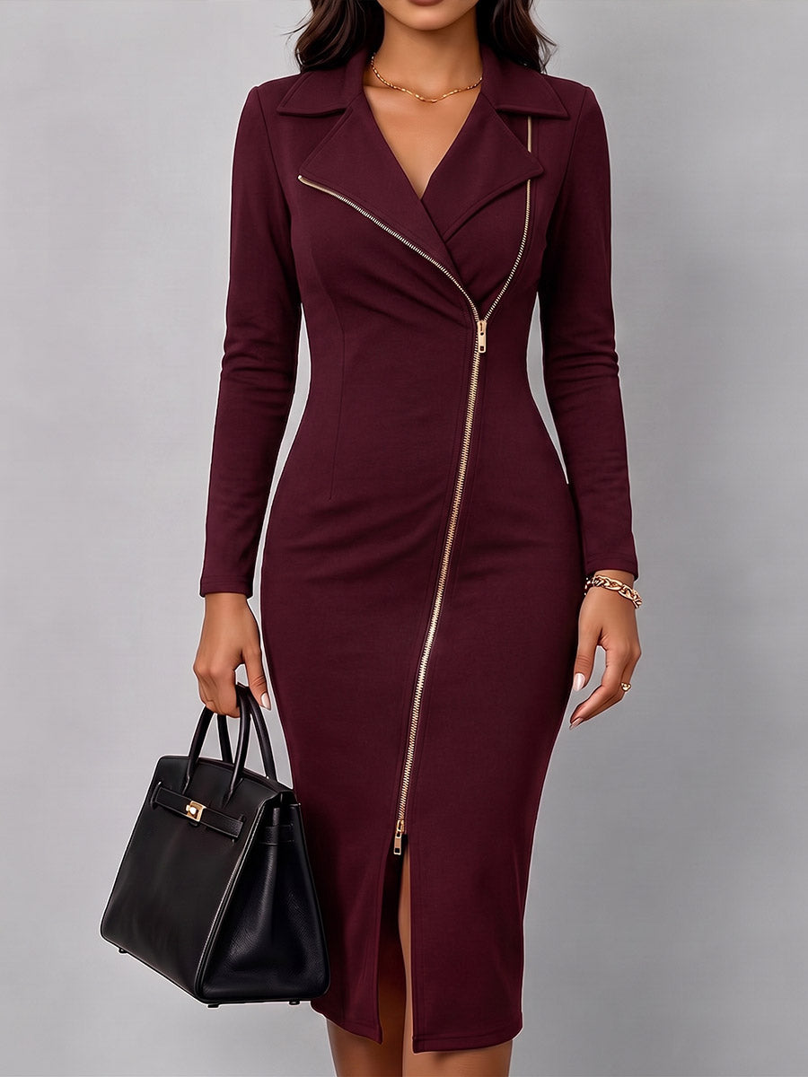 Vestido midi ajustado para mujer con solapa y cremallera diagonal
