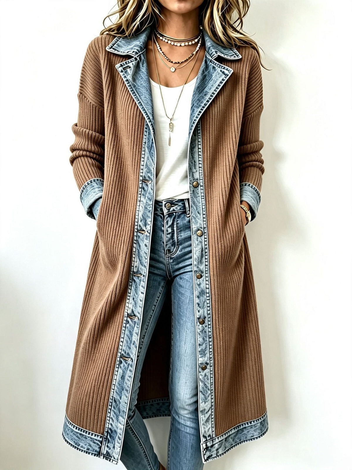 Cárdigan largo de punto acanalado para mujer con acabados denim