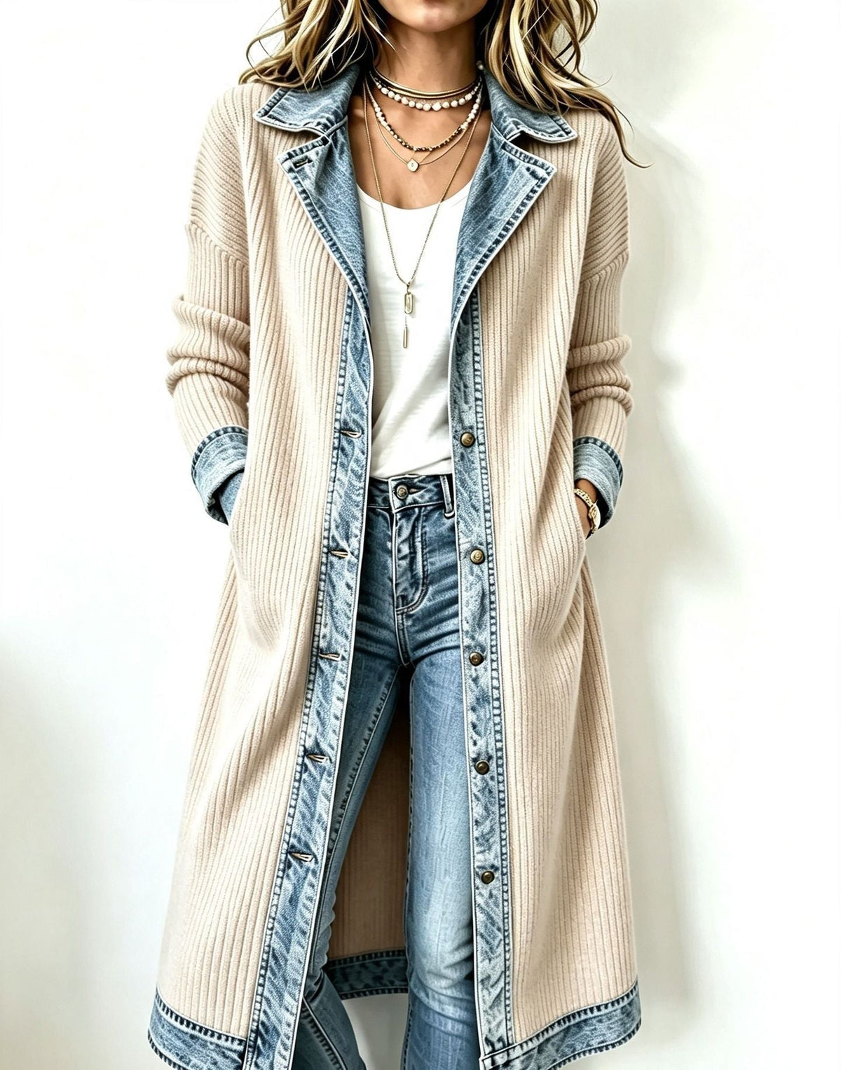 Cárdigan largo de punto acanalado para mujer con acabados denim