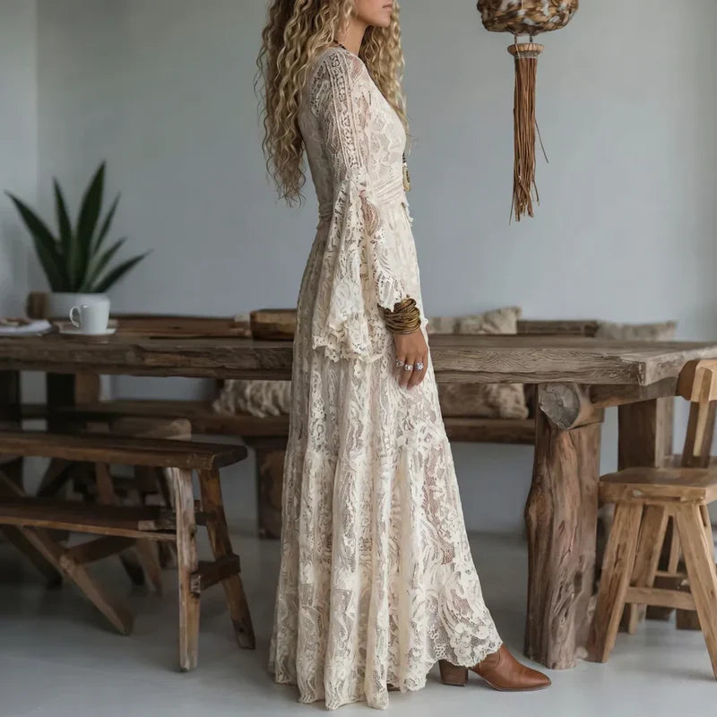 Vestido largo mujer de encaje vintage con mangas acampanadas