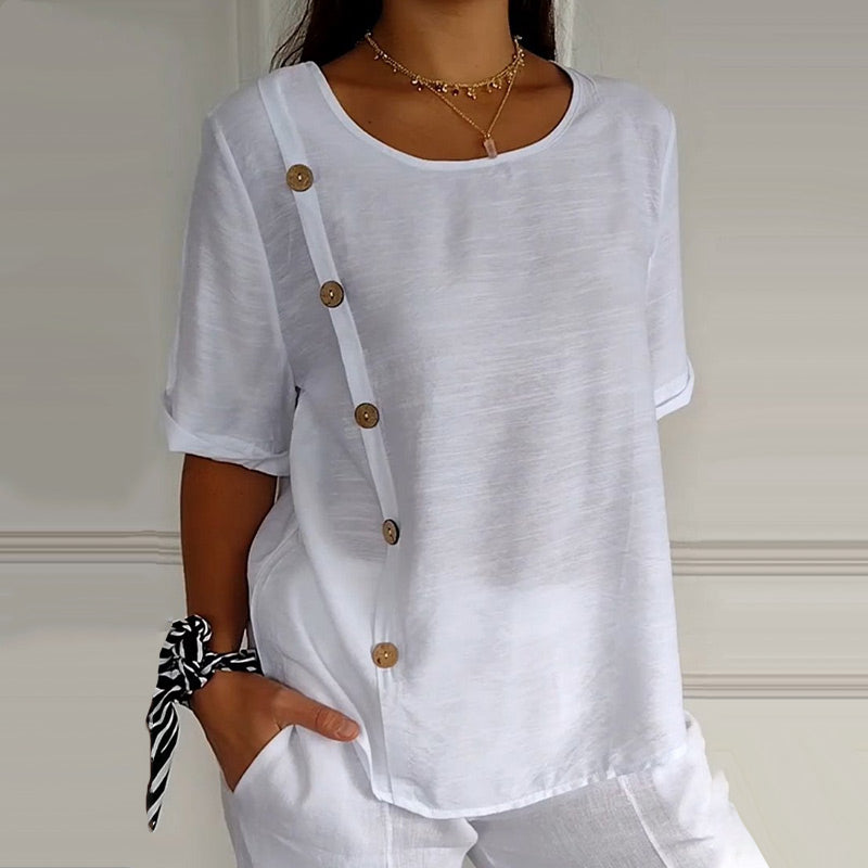 Blusa mujer lino oversize botones laterales cuello redondo verano