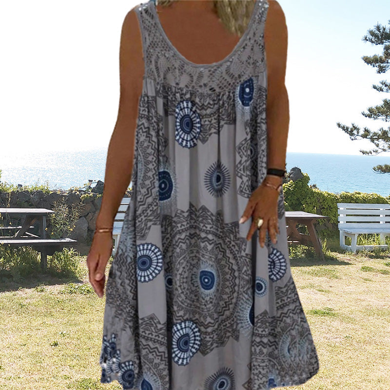 Vestido amplio mujer sin mangas con estampado gráfico y encaje