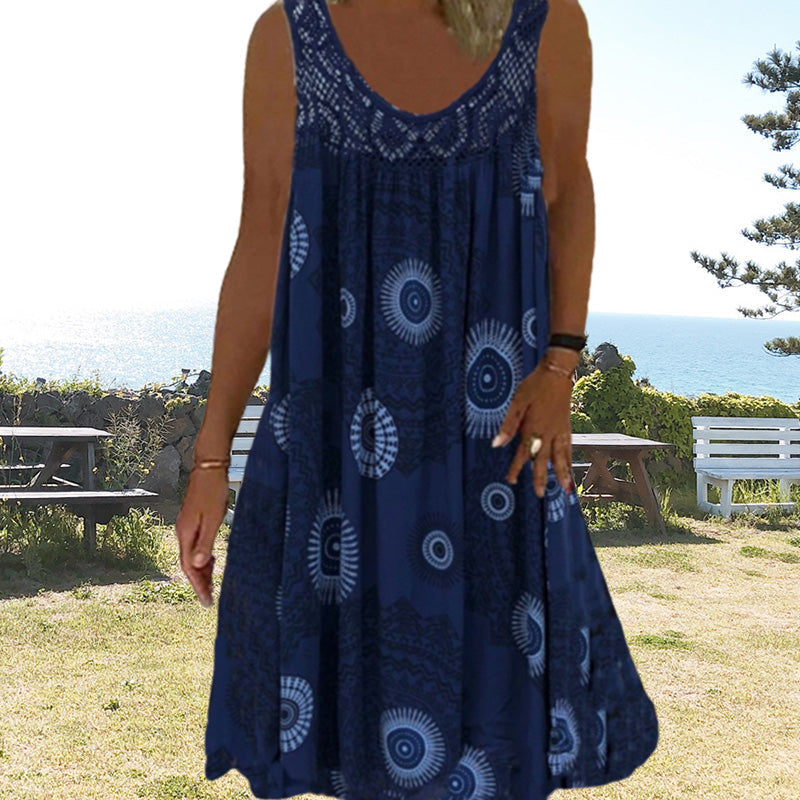 Vestido amplio mujer sin mangas con estampado gráfico y encaje