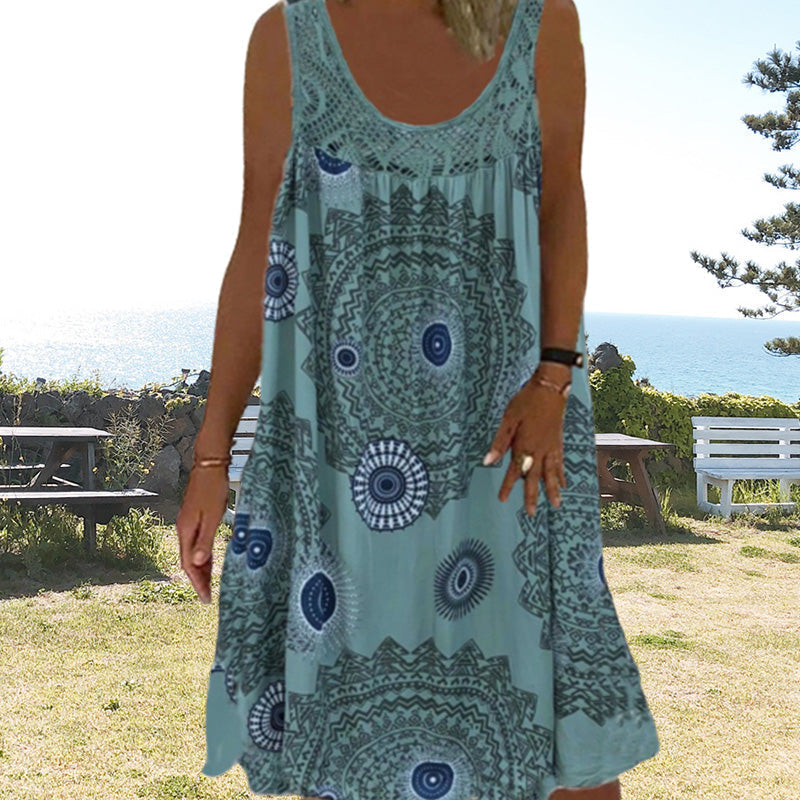Vestido amplio mujer sin mangas con estampado gráfico y encaje
