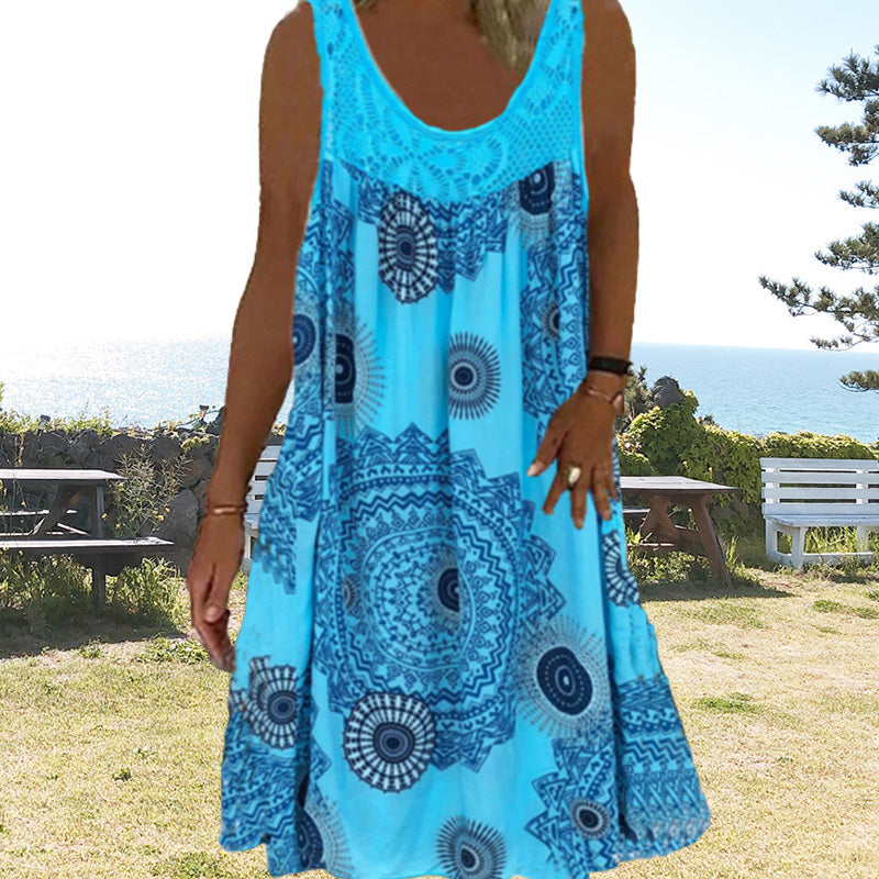 Vestido amplio mujer sin mangas con estampado gráfico y encaje
