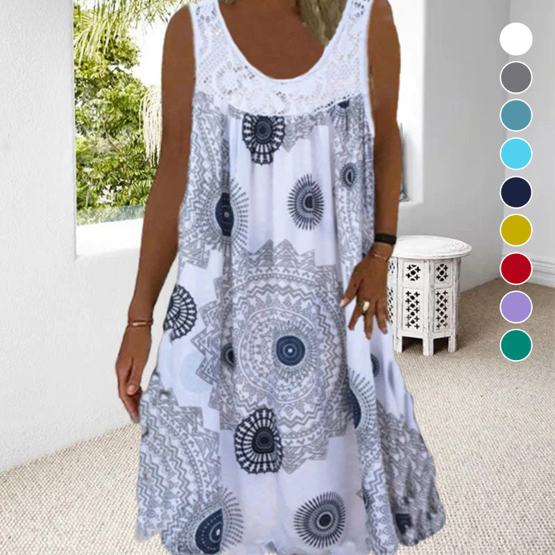 Vestido amplio mujer sin mangas con estampado gráfico y encaje