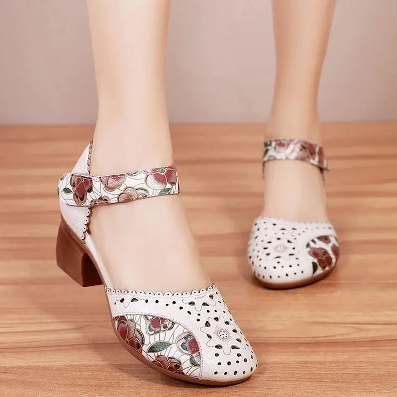 Zapatos mujer tacón bloque cuero perforado tira floral velcro retro