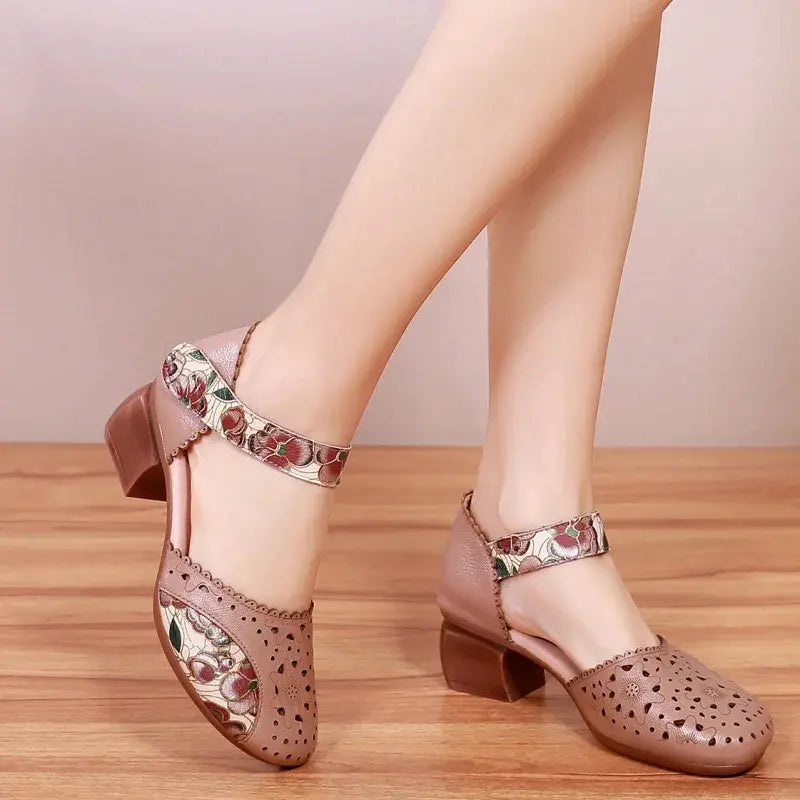 Zapatos mujer tacón bloque cuero perforado tira floral velcro retro