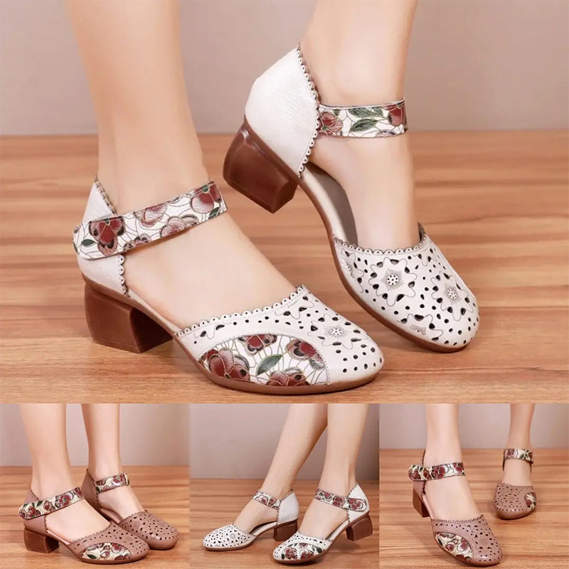 Zapatos mujer tacón bloque cuero perforado tira floral velcro retro