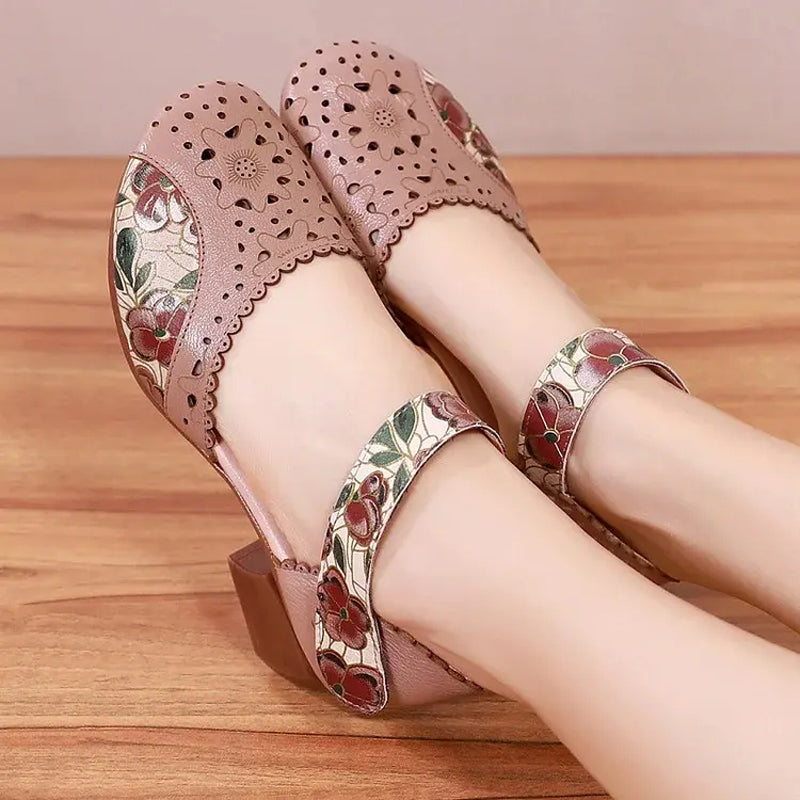 Zapatos mujer tacón bloque cuero perforado tira floral velcro retro