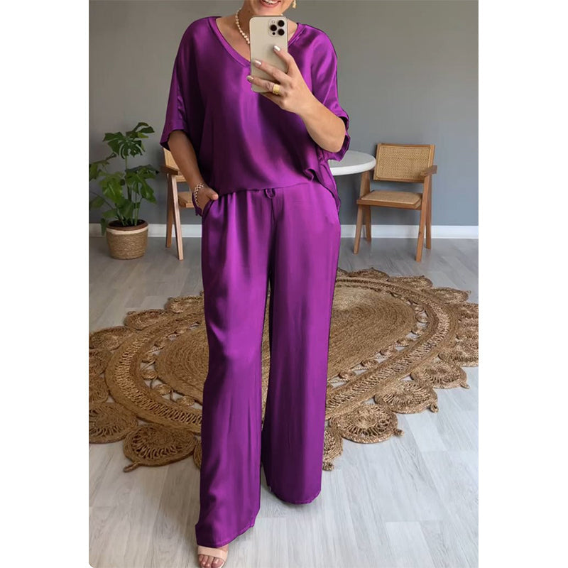 Conjunto mujer satinado oversize elegante pantalón ancho fluido