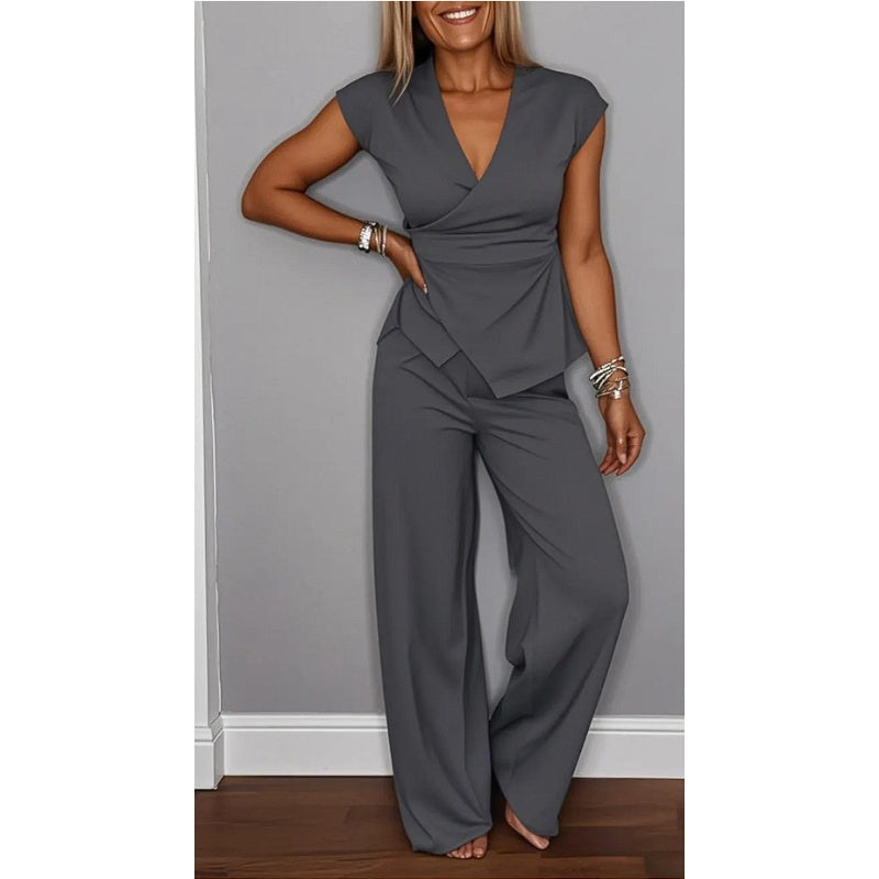 Conjunto Mujer Elegante – Escote en V con Pantalón Fluido Moderno