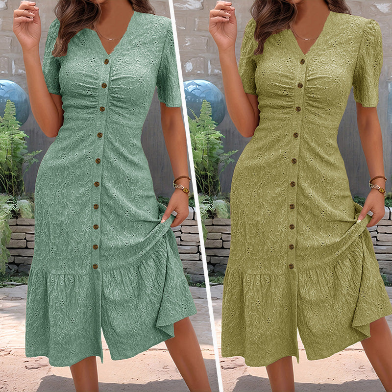 Vestido midi de mujer de encaje con botones y mangas abullonadas