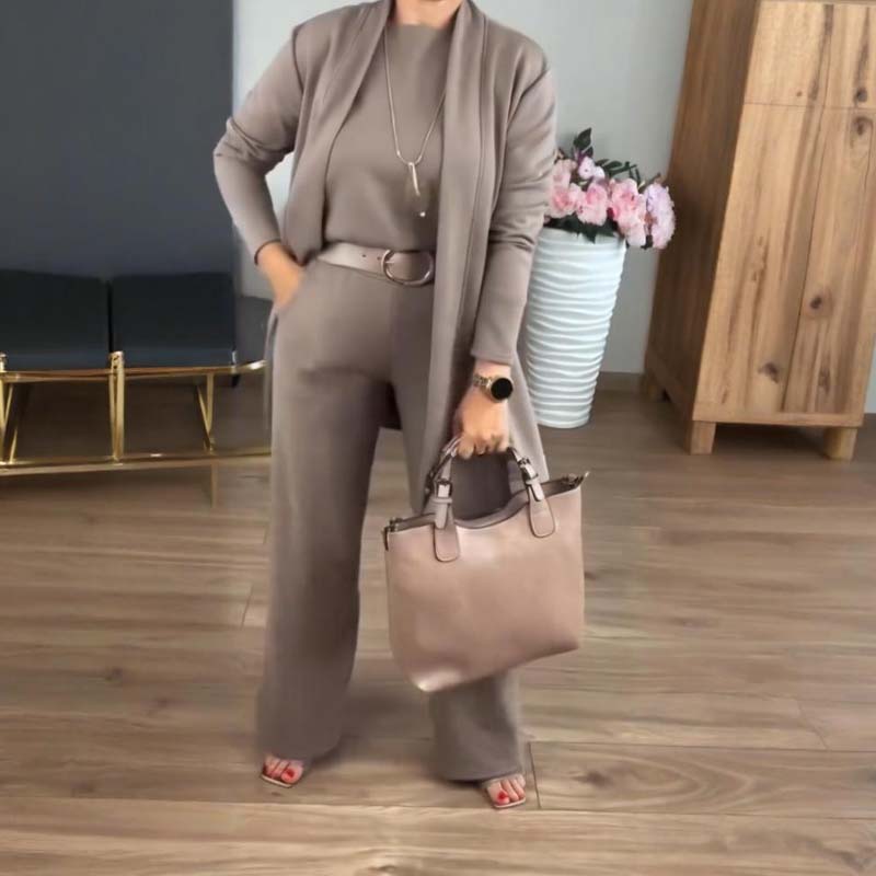 Conjunto tres piezas mujer con cárdigan largo elegante