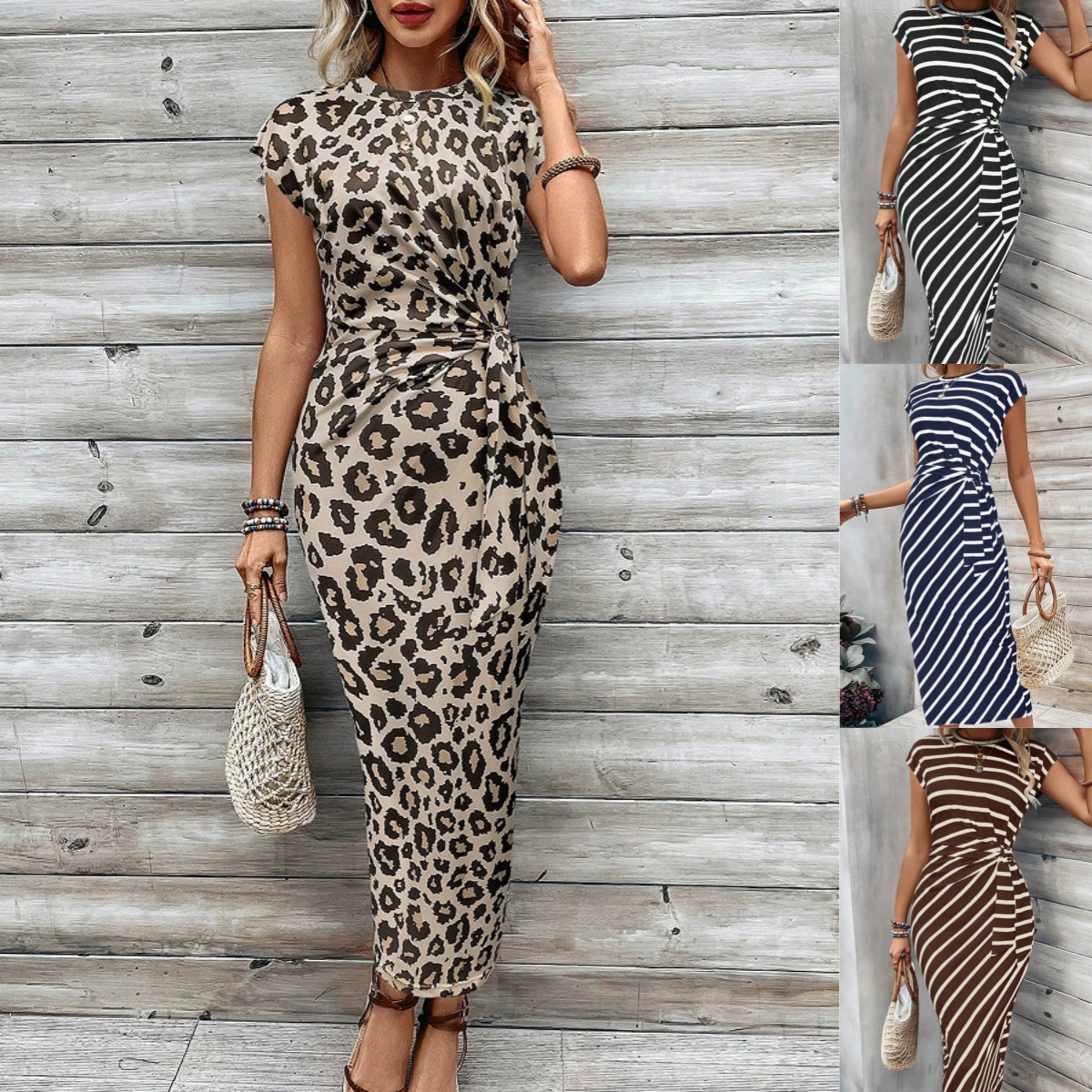 Vestido largo de mujer con estampado animal y detalle fruncido lateral