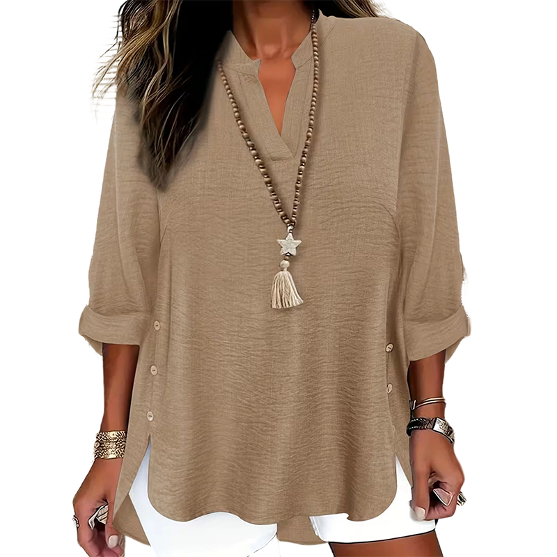 Top mujer con cuello en V y botones laterales