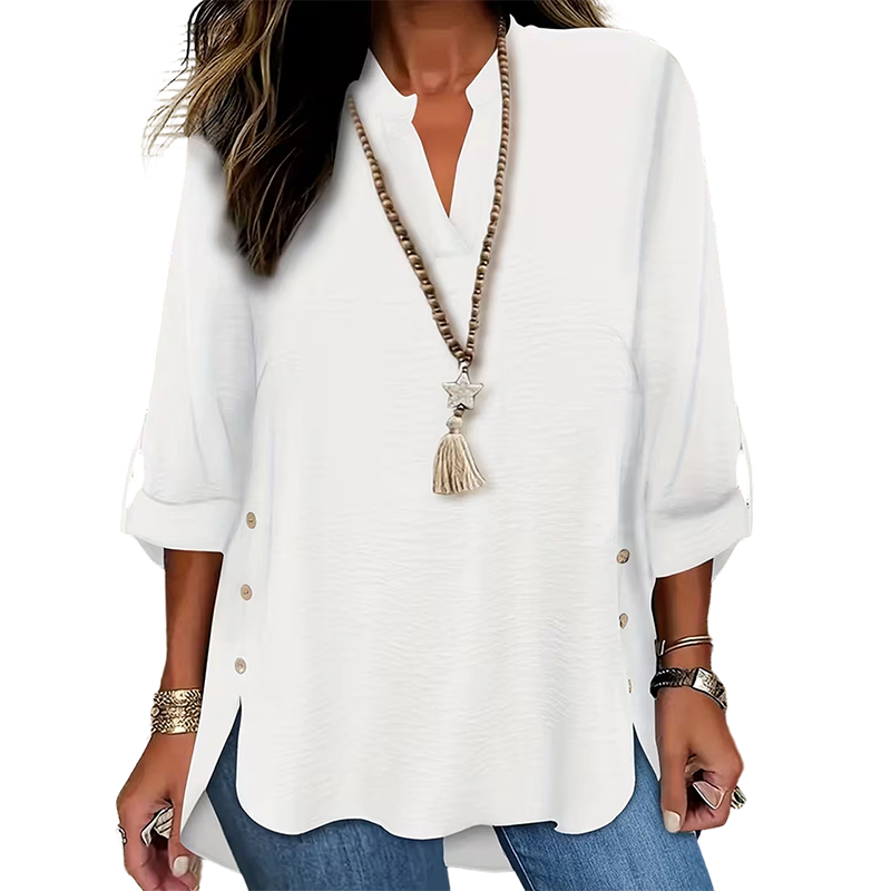 Top mujer con cuello en V y botones laterales