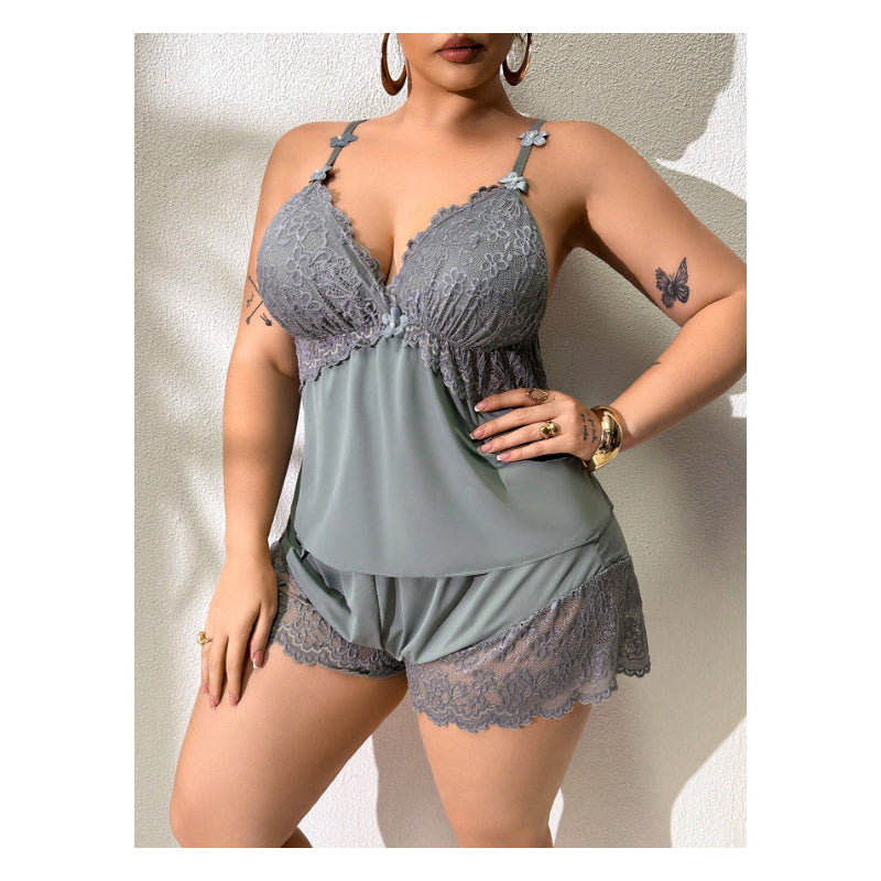 Conjunto de Pijama Mujer Encaje Elegante – Top y Short Satinado