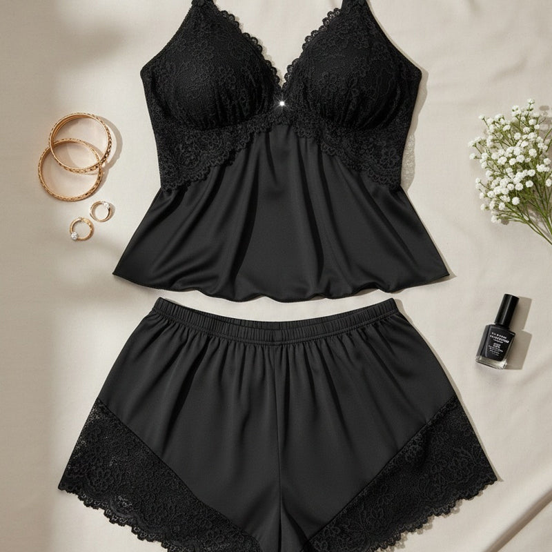 Conjunto de Pijama Mujer Encaje Elegante – Top y Short Satinado