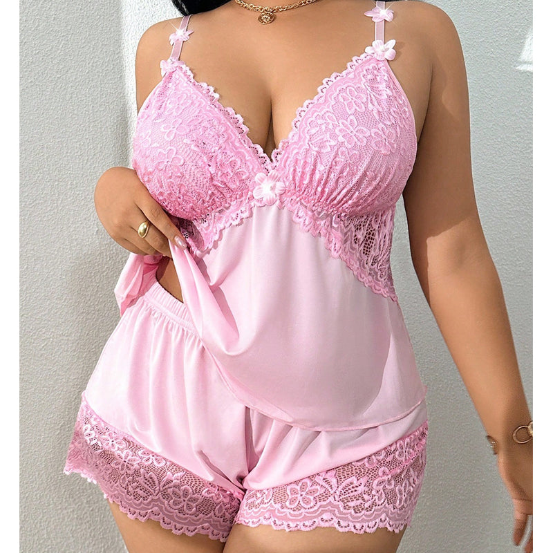 Conjunto de Pijama Mujer Encaje Elegante – Top y Short Satinado