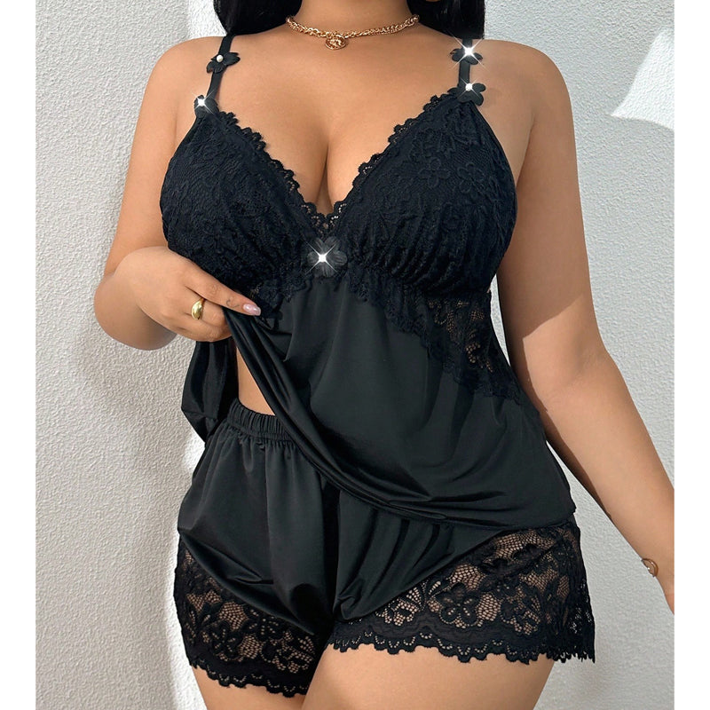 Conjunto de Pijama Mujer Encaje Elegante – Top y Short Satinado
