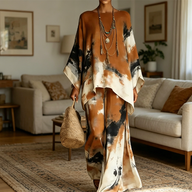 Conjunto mujer dos piezas túnica oversized abstracto pantalón ancho satén