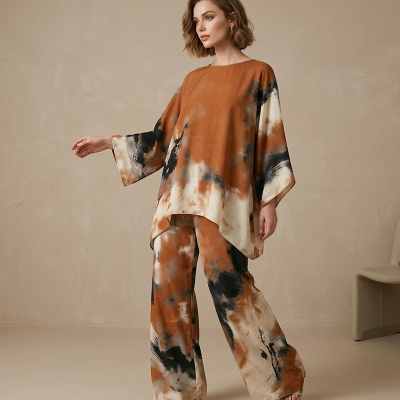 Conjunto mujer dos piezas túnica oversized abstracto pantalón ancho satén