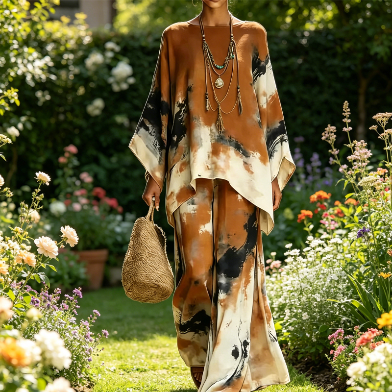 Conjunto mujer dos piezas túnica oversized abstracto pantalón ancho satén