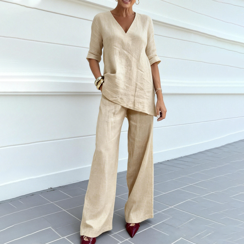 Conjunto de lino y algodón para mujer con pantalón ancho