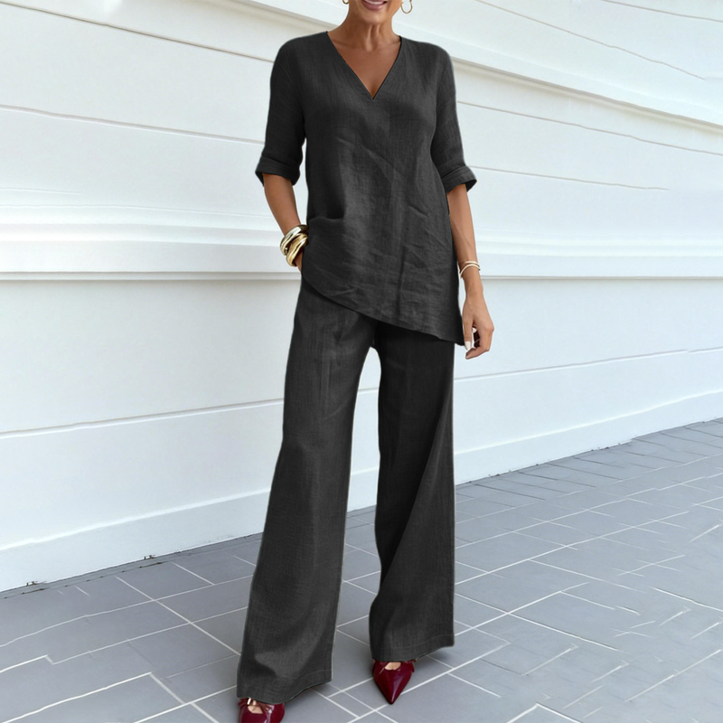 Conjunto de lino y algodón para mujer con pantalón ancho